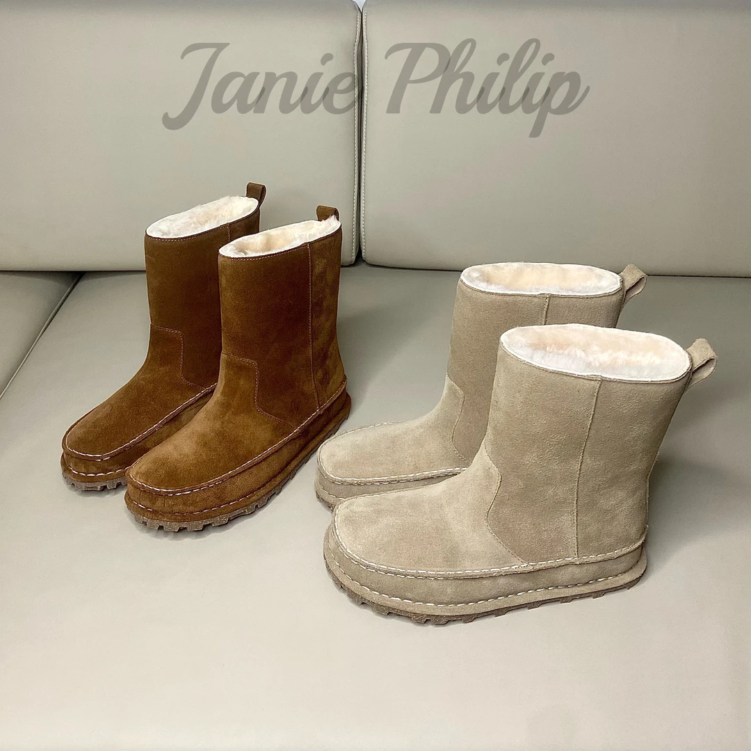janie Philip 冬季复古风 牛反皮 羊皮毛一体 勃肯中筒雪地靴