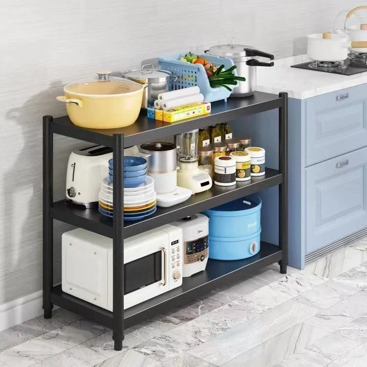 三层家用多层碳钢加粗置物架落地厨房收纳储物锅菜烤箱微波炉架