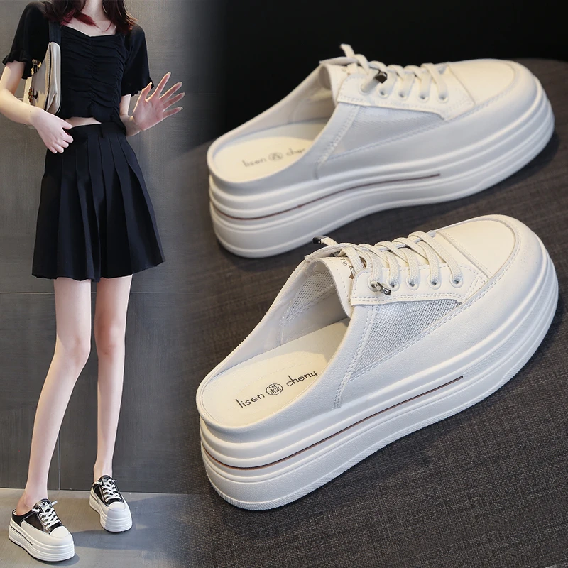 JWMA增高网面包头拖鞋女夏外穿新款厚底一脚蹬懒人半拖透气小白鞋