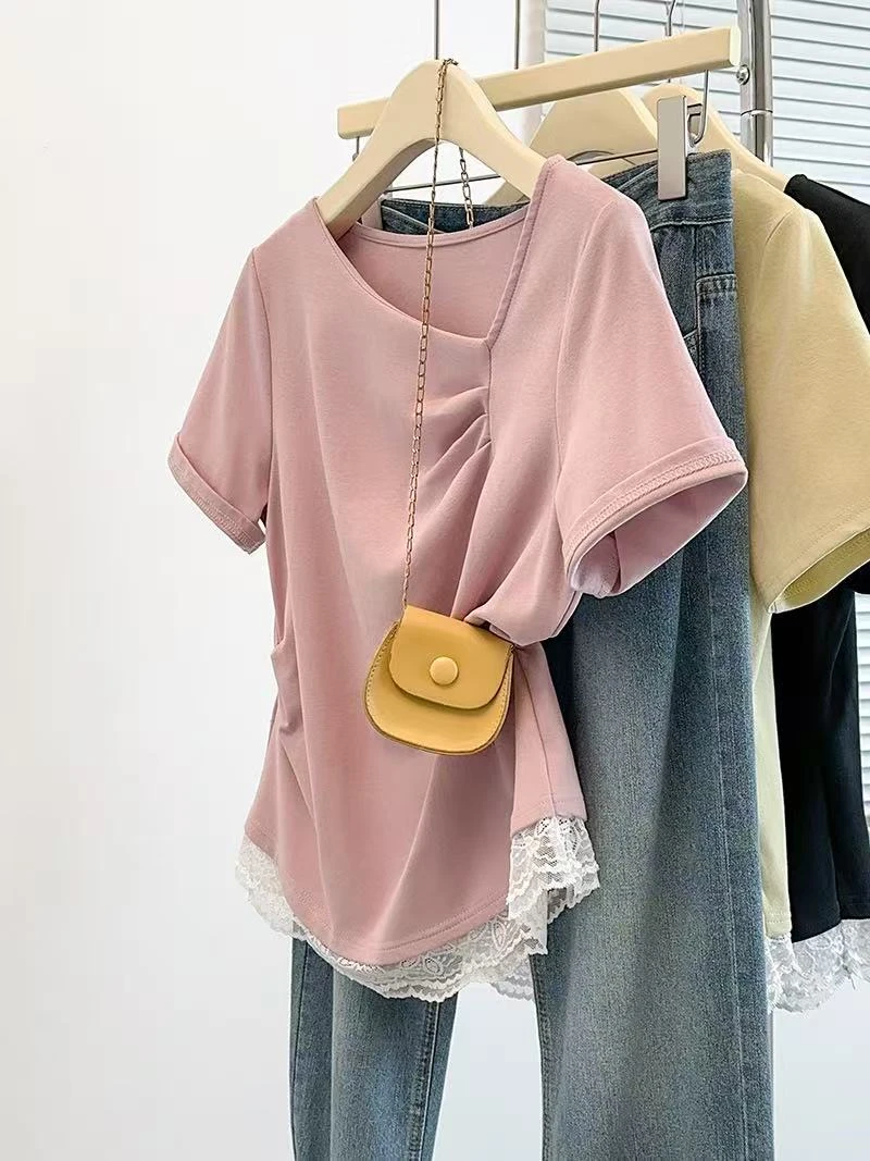 甜美斜领蕾丝花边短袖T恤女2025夏季新款大码胖mm时尚百搭显瘦