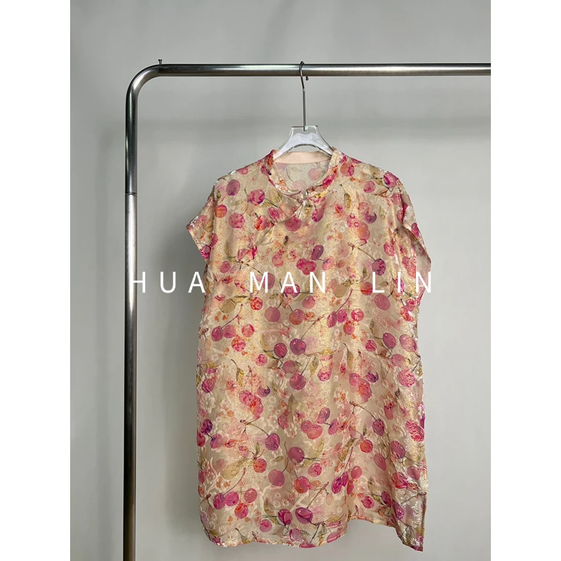【花滿林】“樱桃”小立领斜襟织金烧花真丝桑蚕丝奥黛上衣259674
