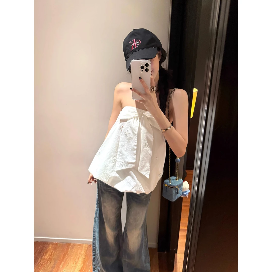 不冷BULENG【纯白花嫁】抹胸夏季甜欲高级感外穿宽松白色花苞上衣