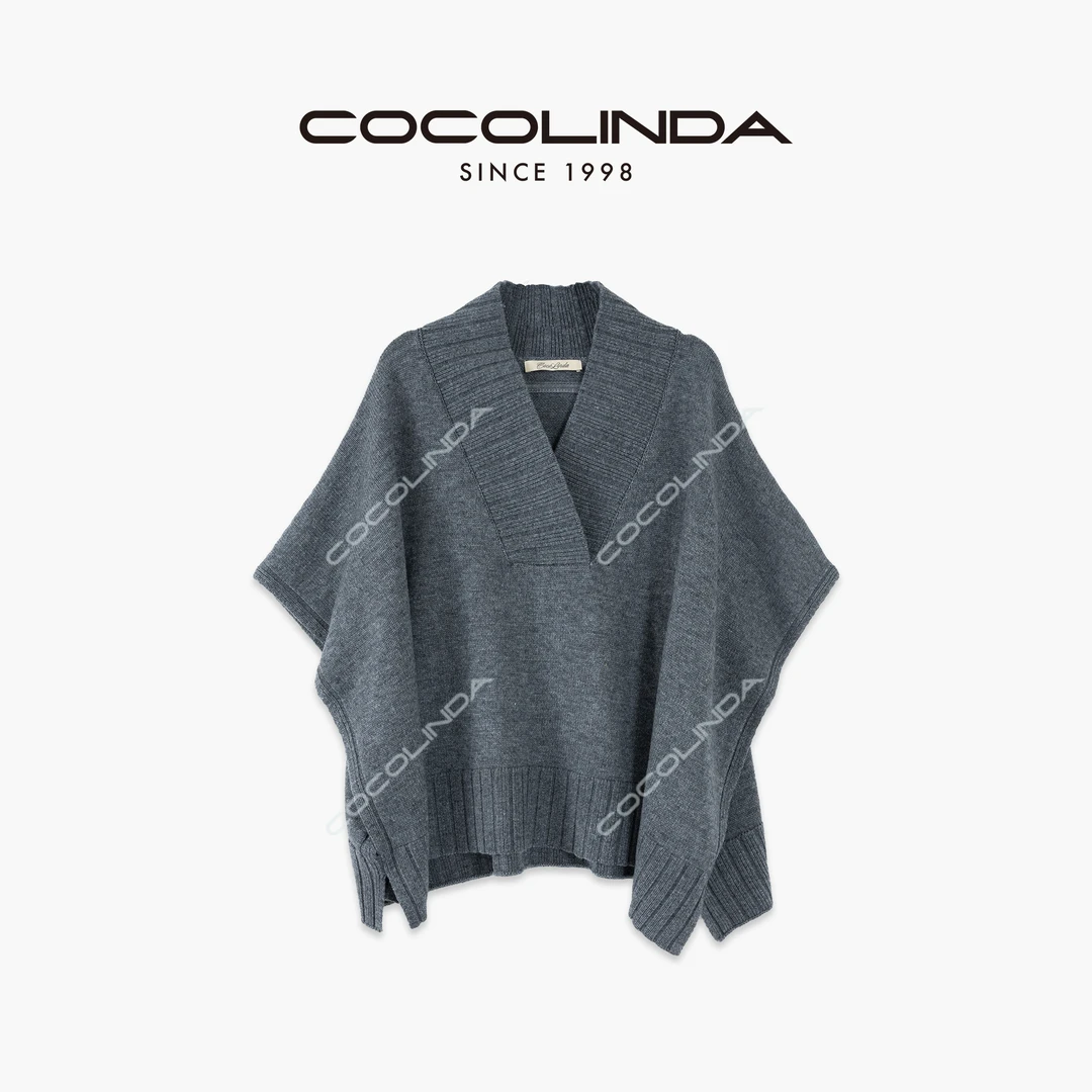 COCOLINDA | 绵羊毛7针大坑条领子平纹V领羊毛衫S5461