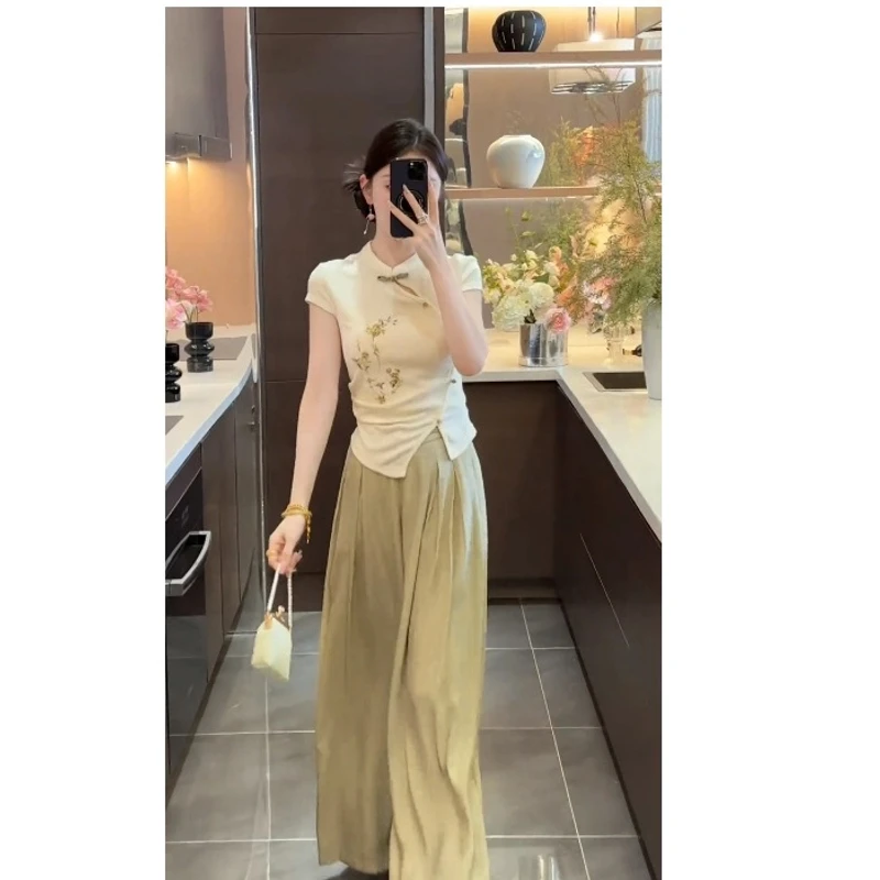 新中式国风气质套装女2025夏季新款休闲女装短袖上衣阔腿裤两件套