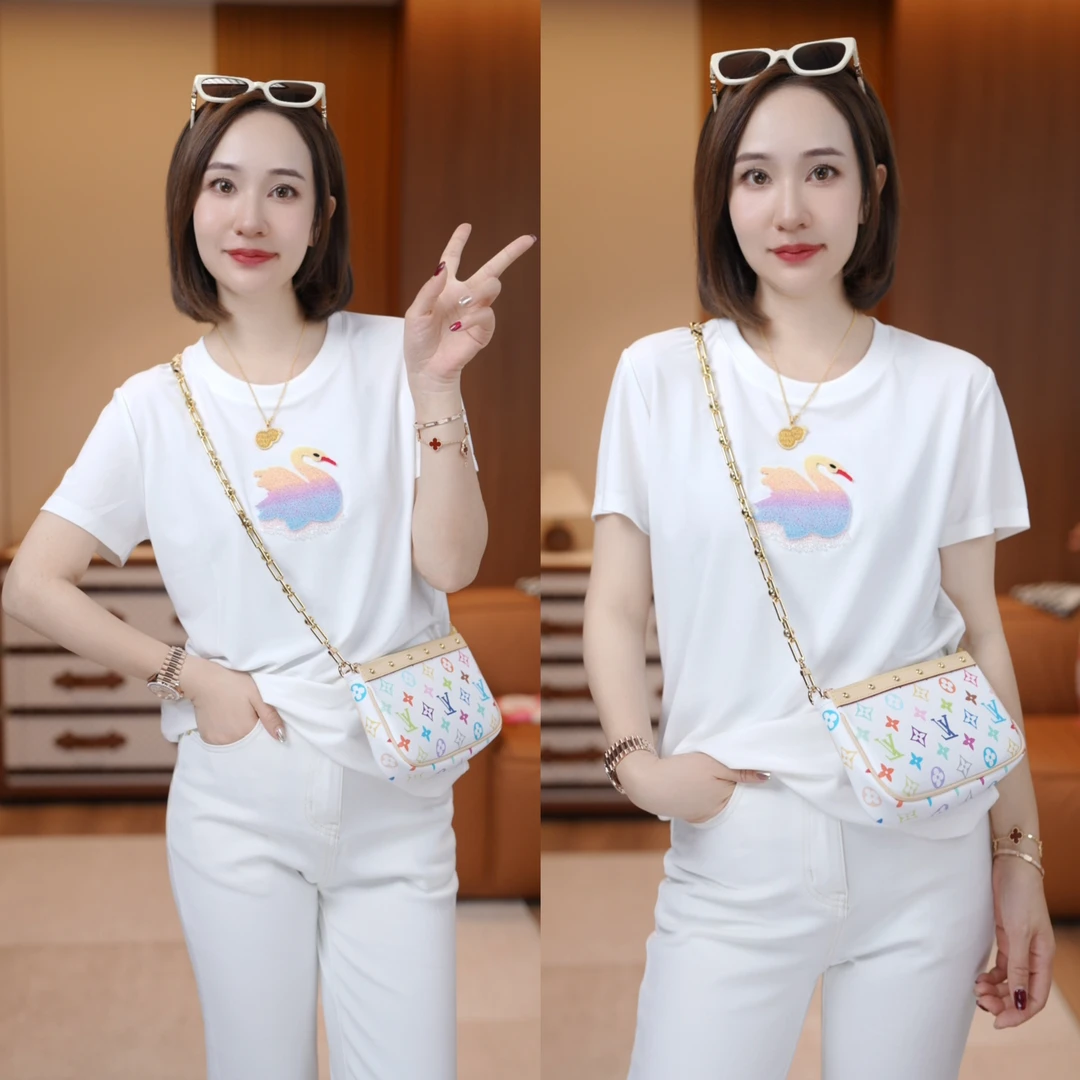 【天鹅T恤】桑蚕丝牙刷绣时尚减龄T恤上衣XY2568