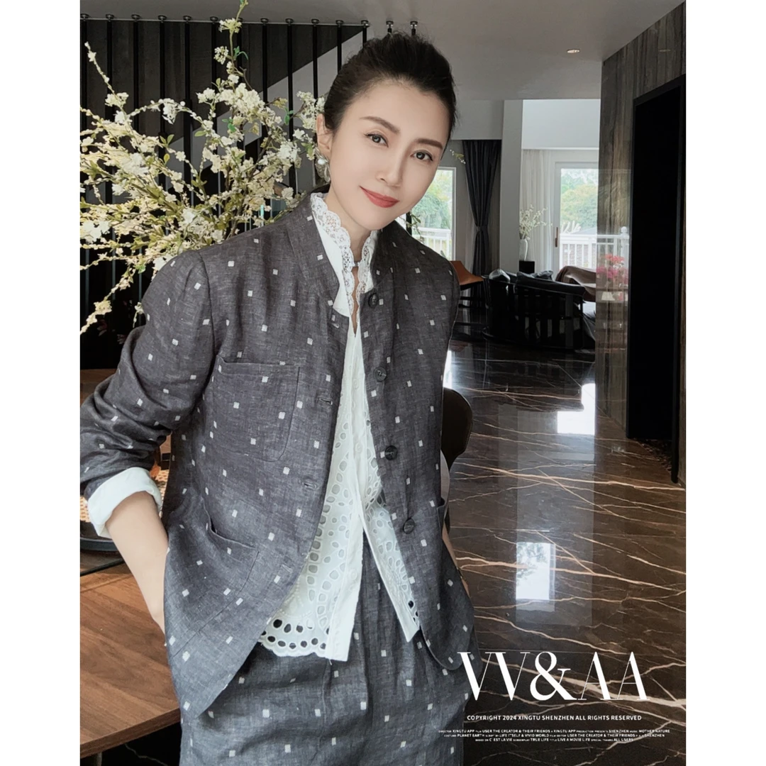VV&AA 亚麻印花高级灰休闲时尚外套 D4357