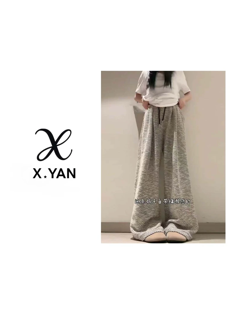 778裤子慵懒风宽松条纹裤女款垂感休闲直筒阔腿运动长裤24302
