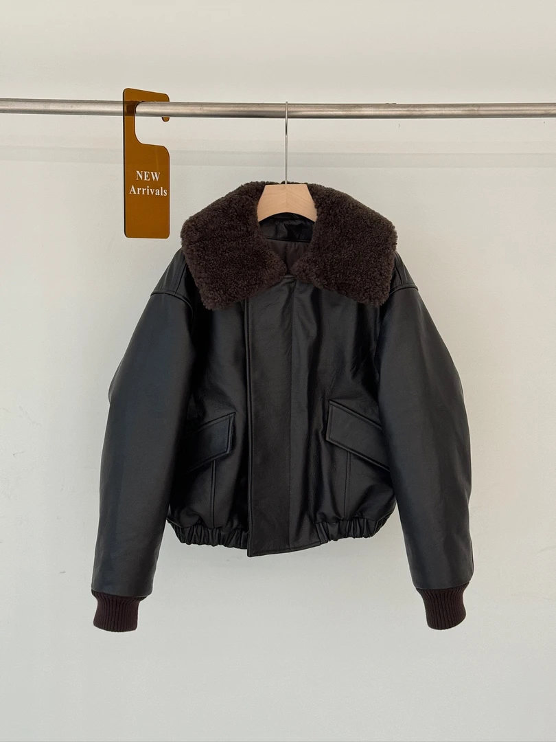 Lem秋冬保暖翻领夹棉加厚皮衣