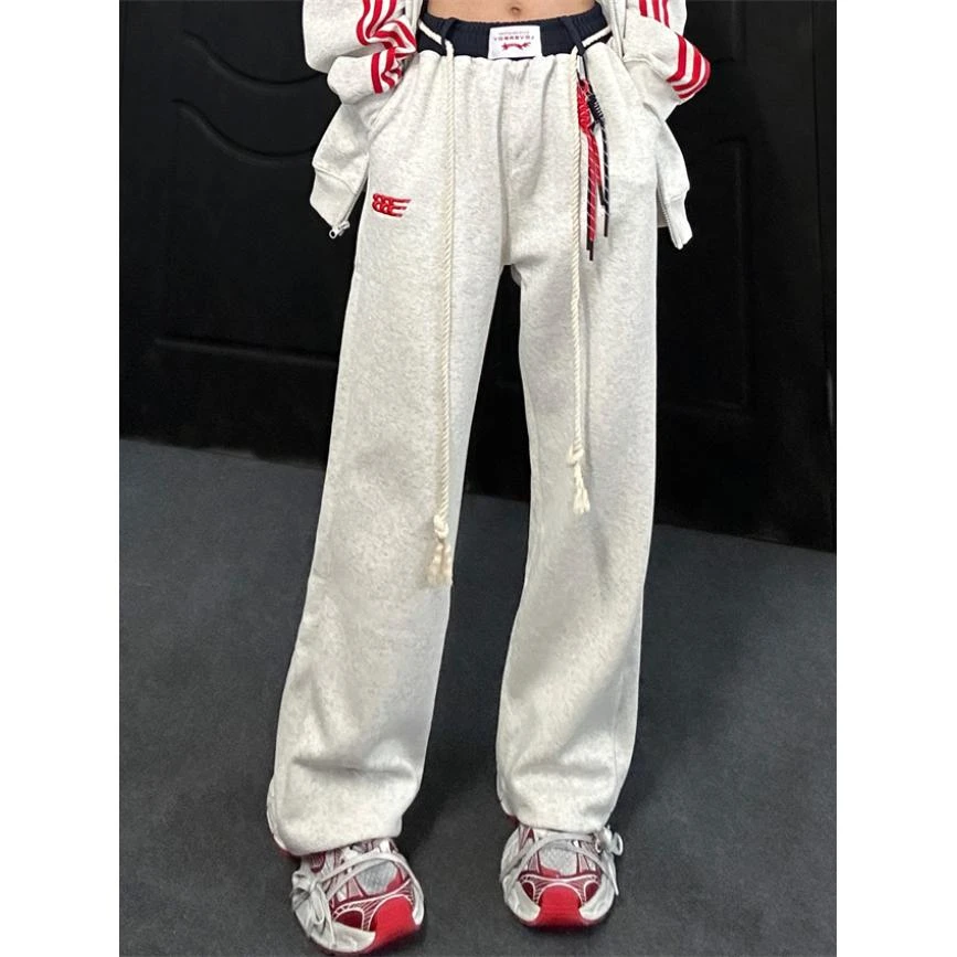 【薄款，加绒】美式复古撞色休闲运动长裤学生韩版宽松直筒裤