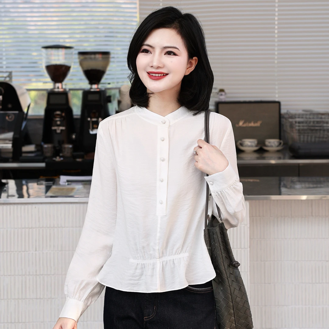 【不用塞衬衫】阿楠anan智性风立领单排扣长袖收腰衬衫女秋出游上衣