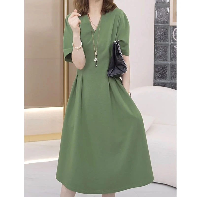 外贸纯色大码连衣裙女2025夏季新款时尚气质V领收腰显瘦中长裙