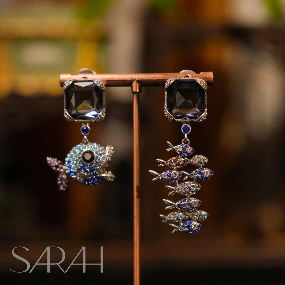 纯铜合成锆石耳饰 DearLisa.精工系列多彩满钻小鱼AB款吊坠耳钉