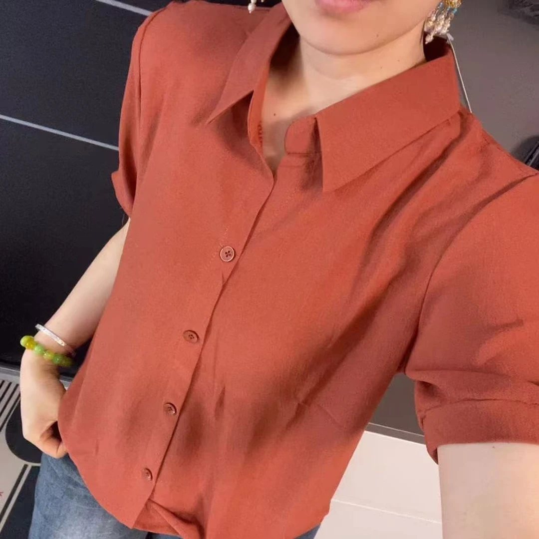 D夏季韩版减龄新款百搭显瘦衬衫气质上衣纯色短袖大码遮肚子