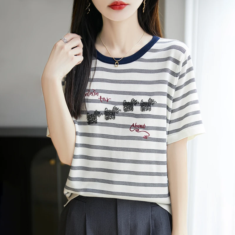 100%莱赛尔天丝T恤圆领刺绣条纹短袖女士休闲减龄凉感半袖