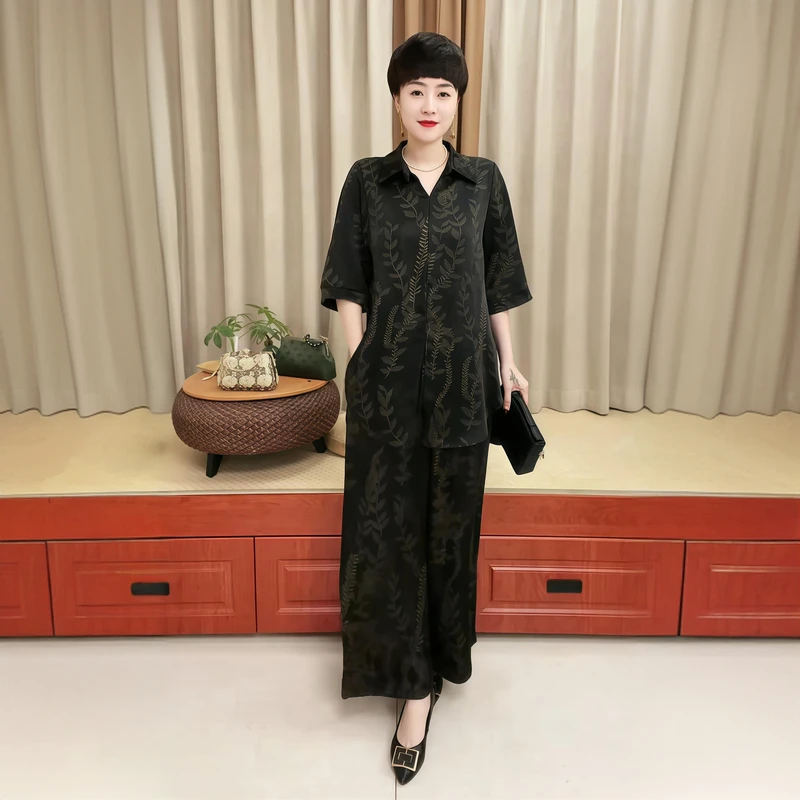 高端气质夏季新款中老年妈妈中老年阔腿裤宽松两件套装