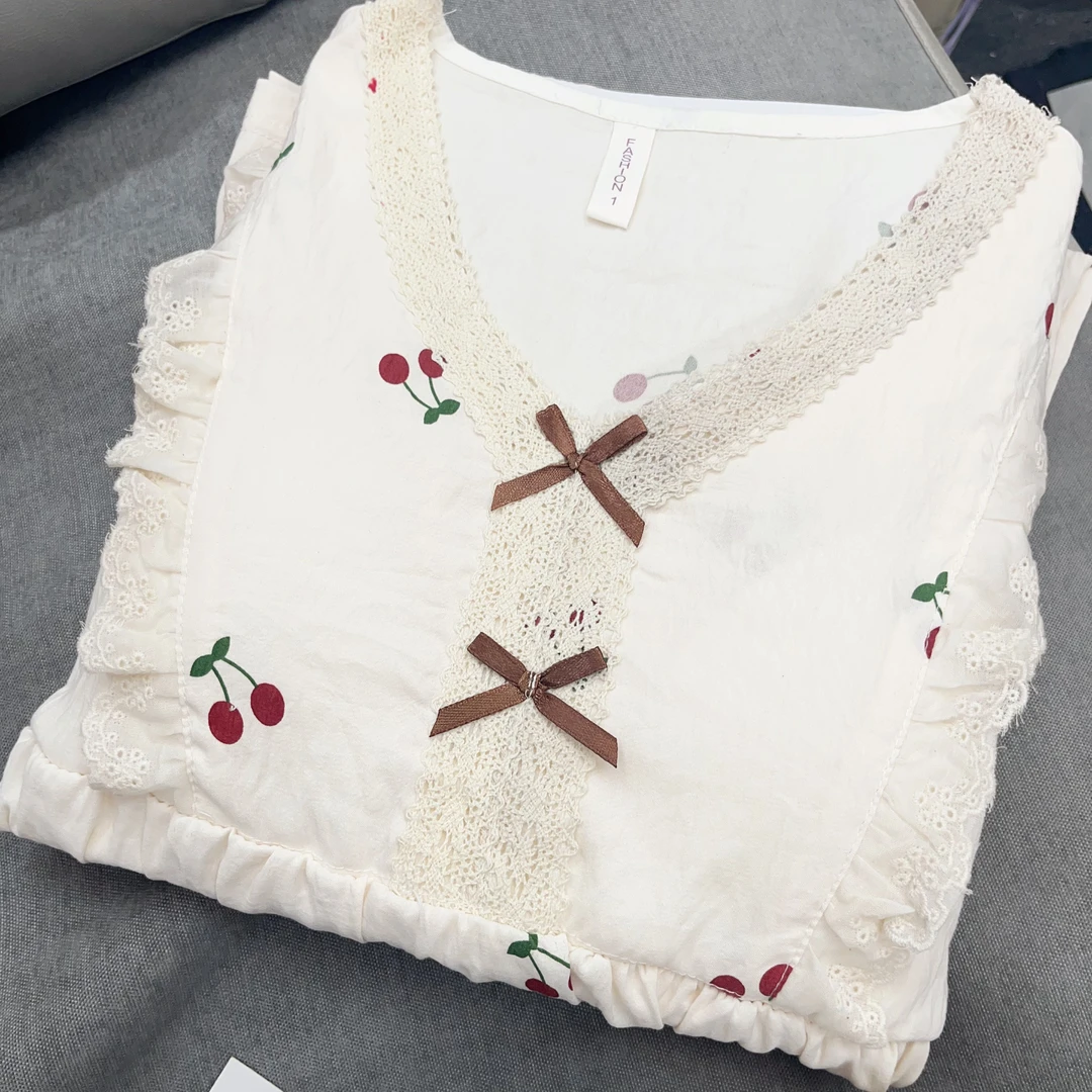 【R562】夏款套头殷桃短袖短裤+长裤三件套+胸垫【套头款】