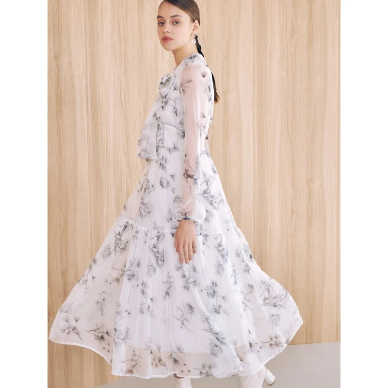 【六哥家】M 春季新款 透视分层花卉印花褶裥气质连衣裙长袖中国风