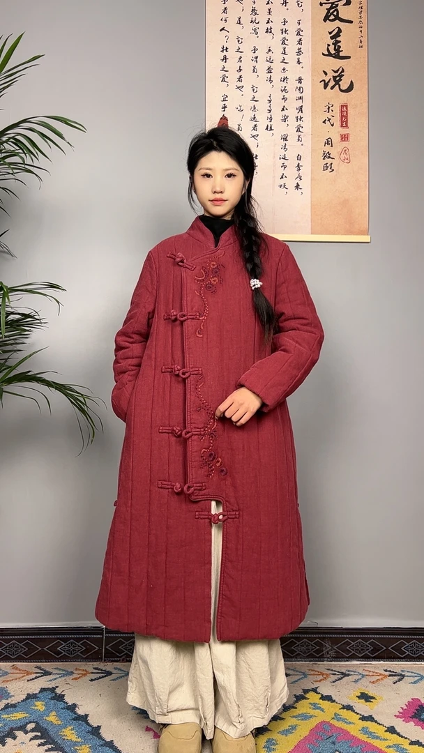 【棉娃原创】冬款亚麻万针刺绣斜襟盘扣下摆开叉厚长棉袍