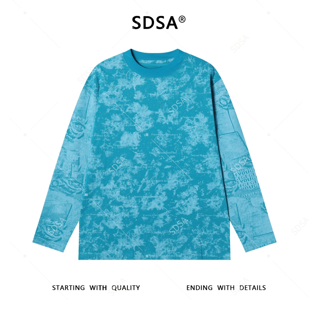 SDSA男士秋冬新款痞帅男装拼接满天星字母圆领长袖T恤潮牌百搭