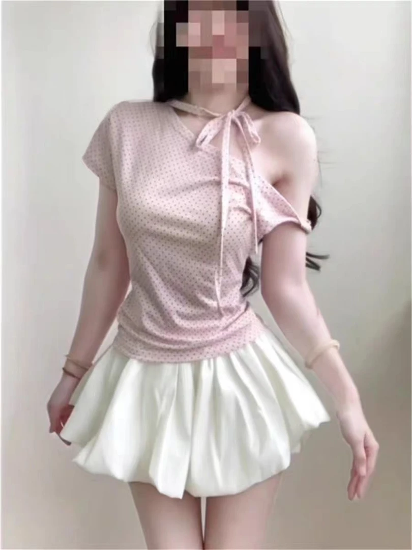 甜美少女法式波点露肩系带短袖T恤粉色波点绑带露肩掐腰气质上衣