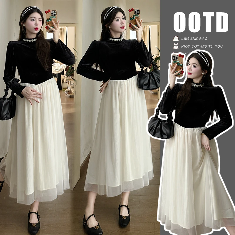 春季孕妇连衣裙黑色珍珠拼纱丝绒新款法式高级感春秋显瘦