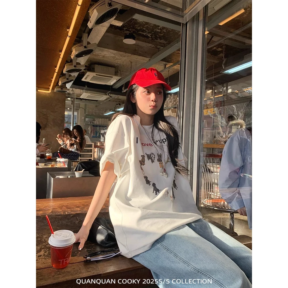 白色新款宽松可爱小狗百搭小众短袖T恤女纯棉210克时尚ins风上衣