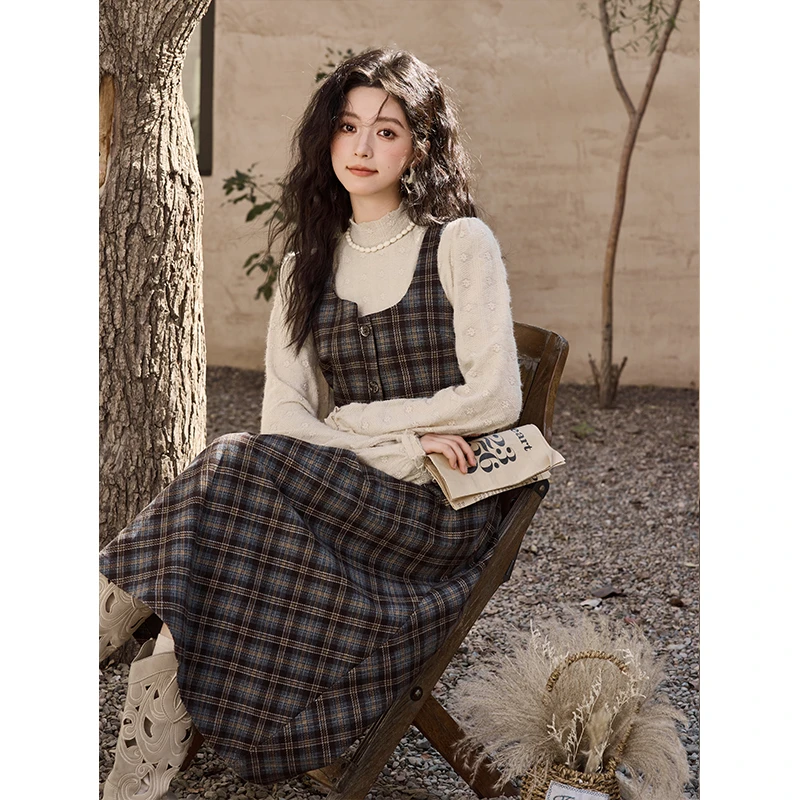 【年末大促】谜秀复古格纹马甲背心叠穿打底半身裙（马甲+半裙）