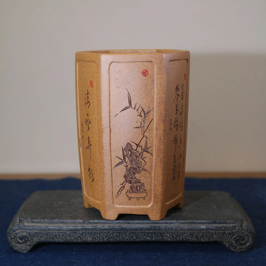 紫砂花盆六方形六角形柴烧降坡泥兰花盆苏兵名家盆手工盆兰盆