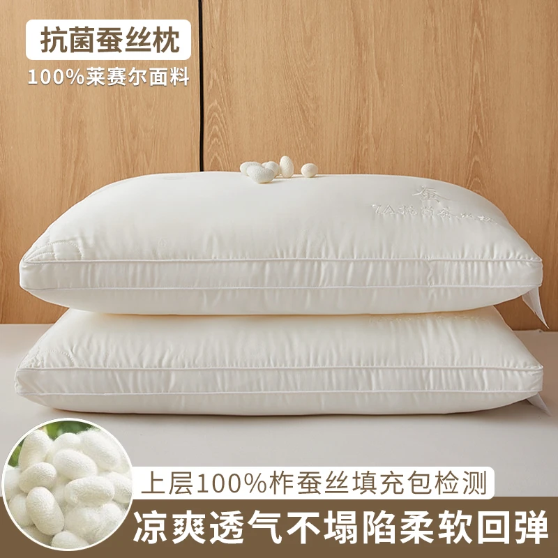 高端7A抗菌家用防螨蚕丝枕绣花柞蚕丝枕头枕芯柔软回弹不塌陷