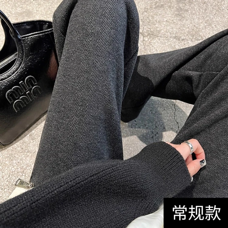 燕麦色毛呢窄版阔腿裤显瘦冬季女冬新款休闲加绒裤秋冬加厚宽松