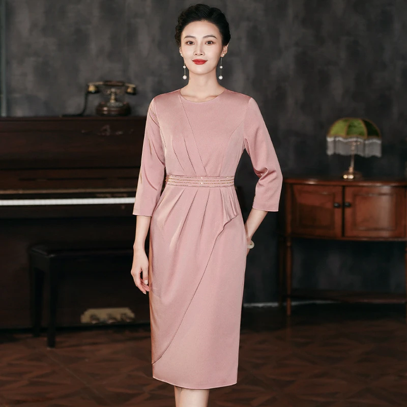 秋款中老年喜妈妈婚宴礼服裙中长款高端阔太太洋气显瘦连衣裙春秋