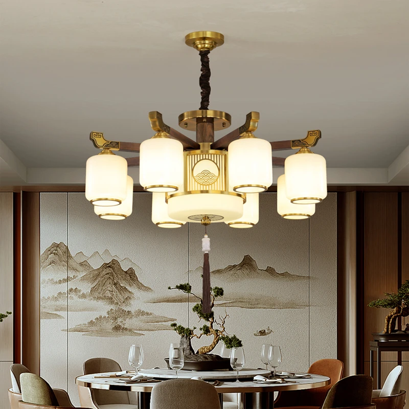 新中式全铜胡桃木客厅吊灯别墅自建房主灯酒店大灯国风禅意房间灯