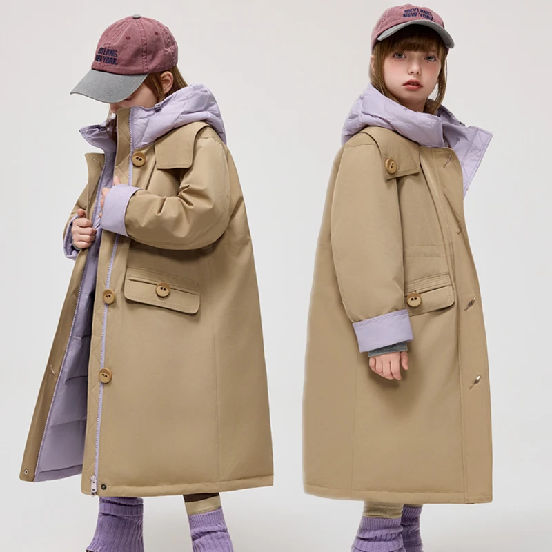 YAYA/鸭鸭儿童羽绒服男女童两面穿中长款时尚连帽加厚风衣派克服