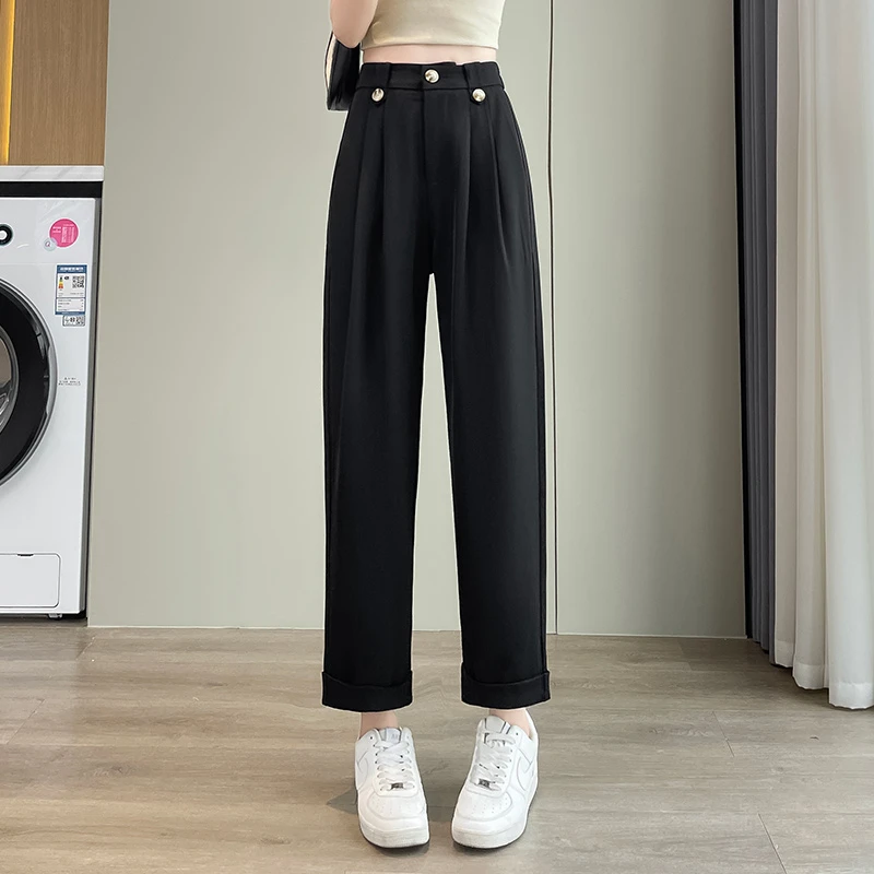 黑色西装裤女2025年春夏秋季气质休闲大码高腰垂感九分卷边哈伦裤