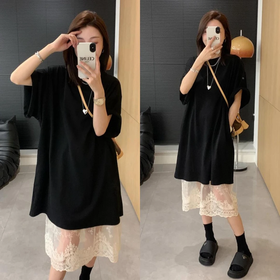 2025夏季新款欧货时尚洋气短袖T恤连衣裙叠穿蕾丝半身裙两件套女