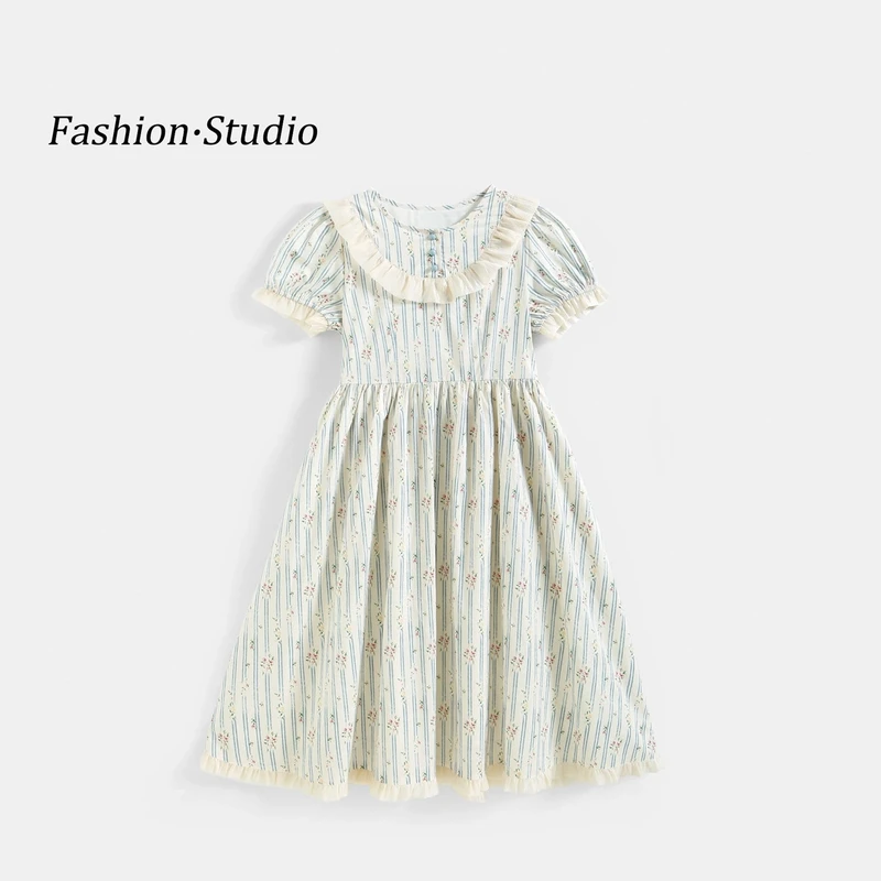 女童连衣裙夏季2025新款花边少女甜美碎花条纹中长圆领裙子QZ0015