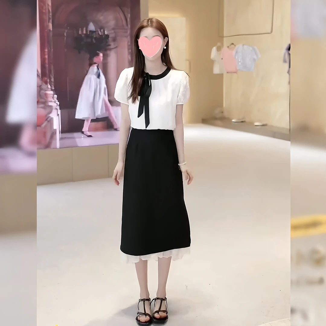 韩系小个子包臀蕾丝边半身裙女夏季甜美风撞色系带设计衬衫两件套