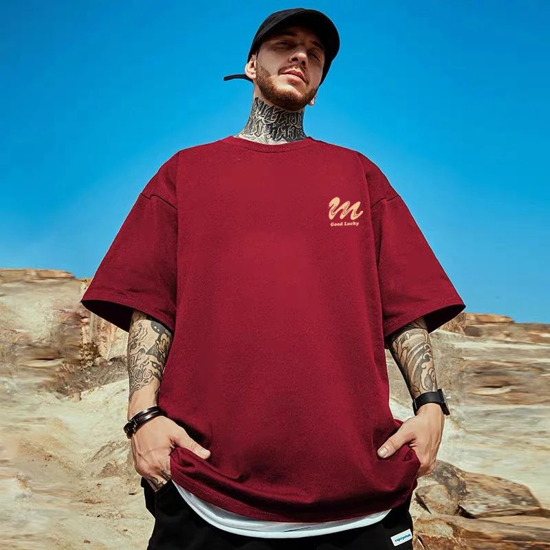 潮牌红色本命年纯棉短袖t恤男装微胖男生宽松加大码上衣半袖2025