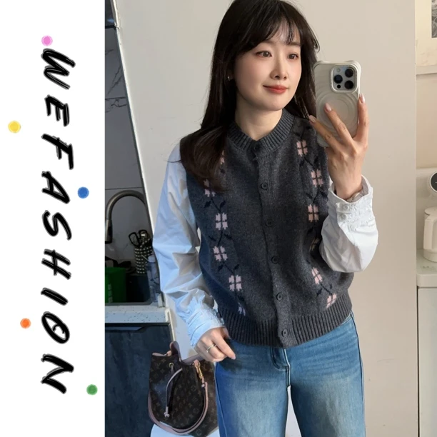 【WE】学院风复古菱形格纹假两件针织衫