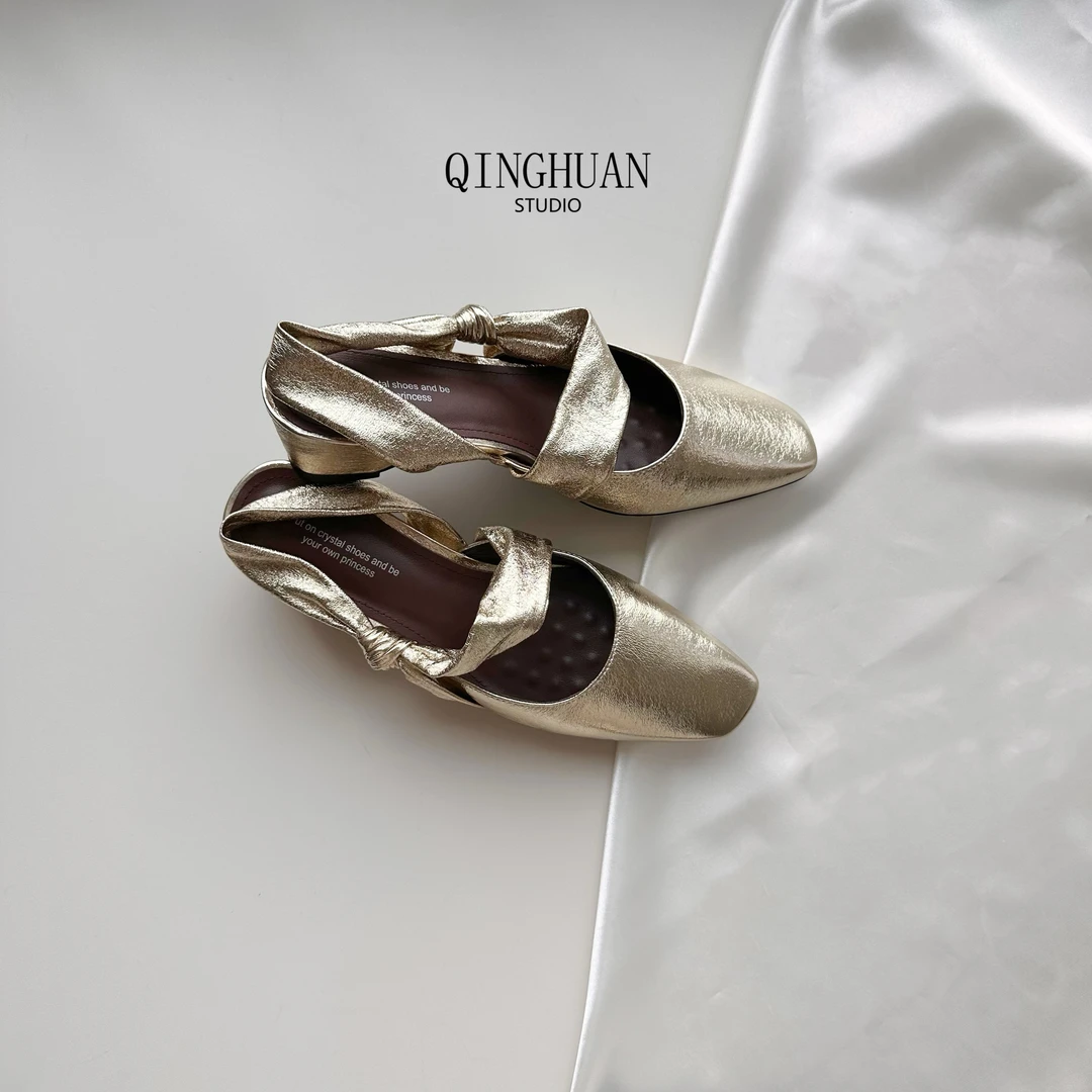 【清欢】方头后袢带扭结高级极简风 | 时尚百搭真皮舒适高跟|5cm