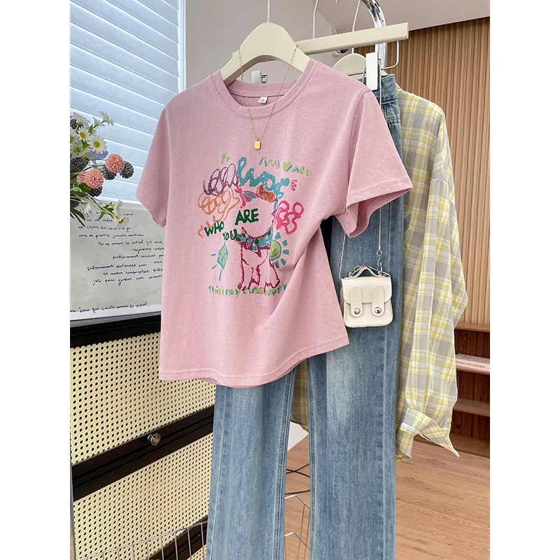 韩版可爱彩绘涂鸦印花T恤小众设计感时髦减龄雪花棉薄款透气上衣
