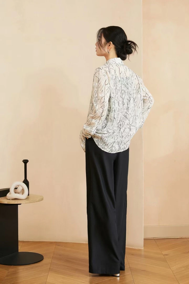 韩系法式气质复古水墨印花宽松显瘦衬衫女款