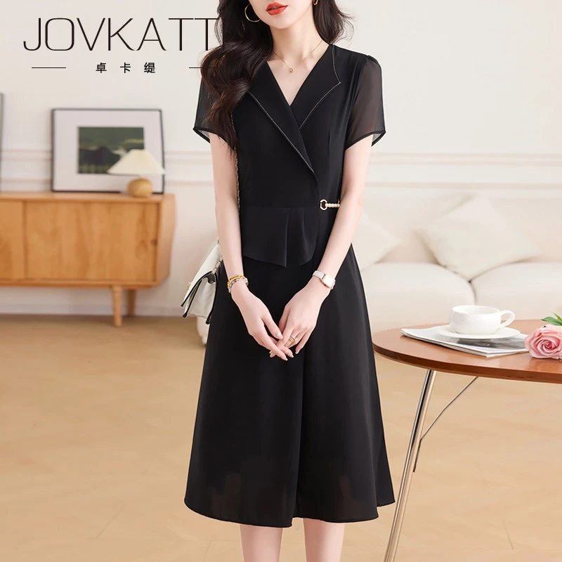 Jovkatti2025夏季新款气质显瘦短袖连衣裙洋气中年妈妈中长款雪纺