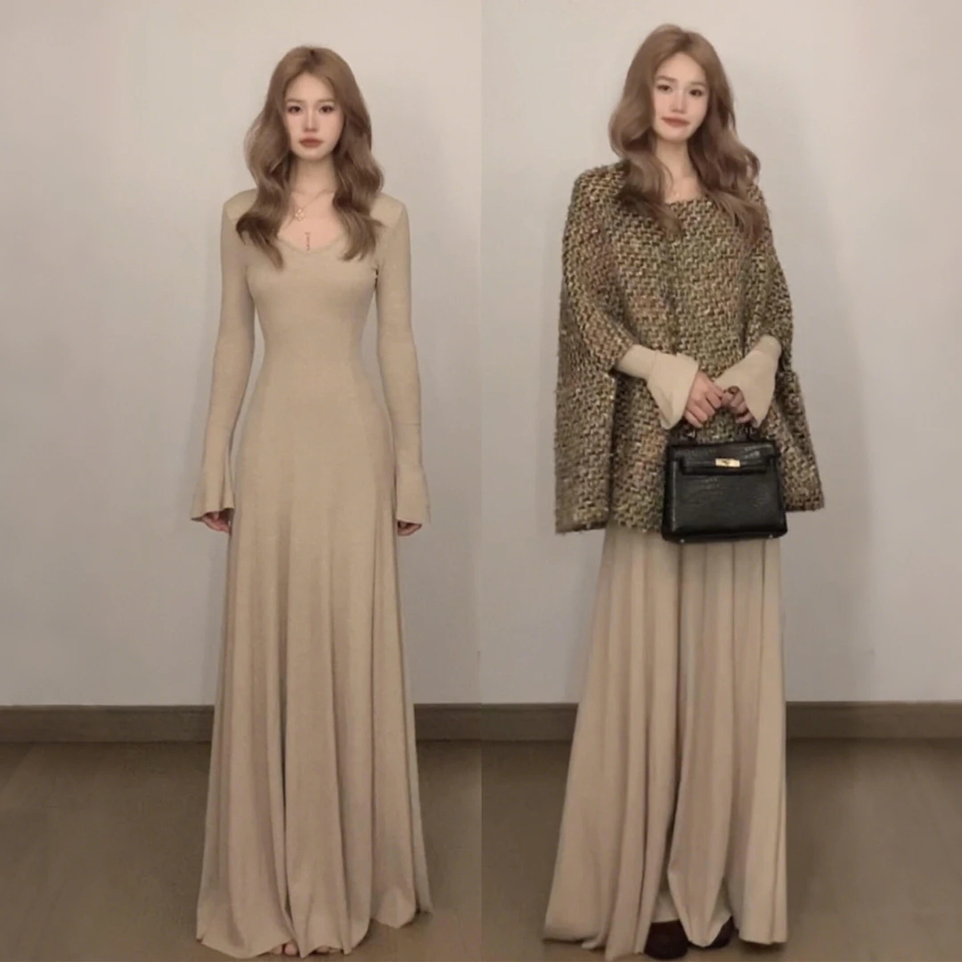 法式秋季长袖连衣裙针织v领茶香显瘦连衣裙小个子冷淡系气质长裙