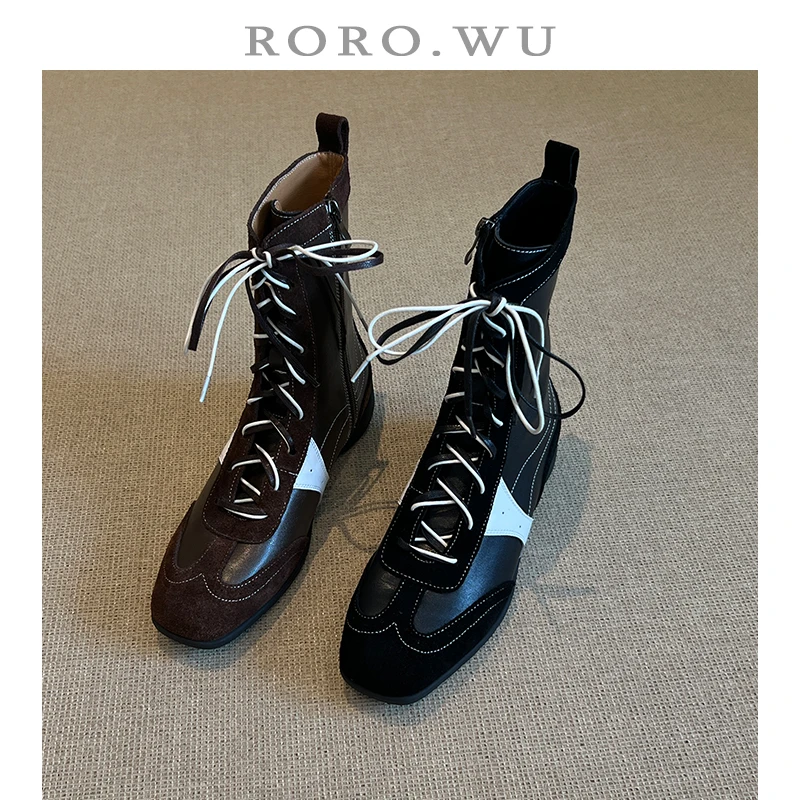 娆娆吴·牛皮时尚复古短筒交叉系带拳击靴百搭日常秋冬马丁靴X425