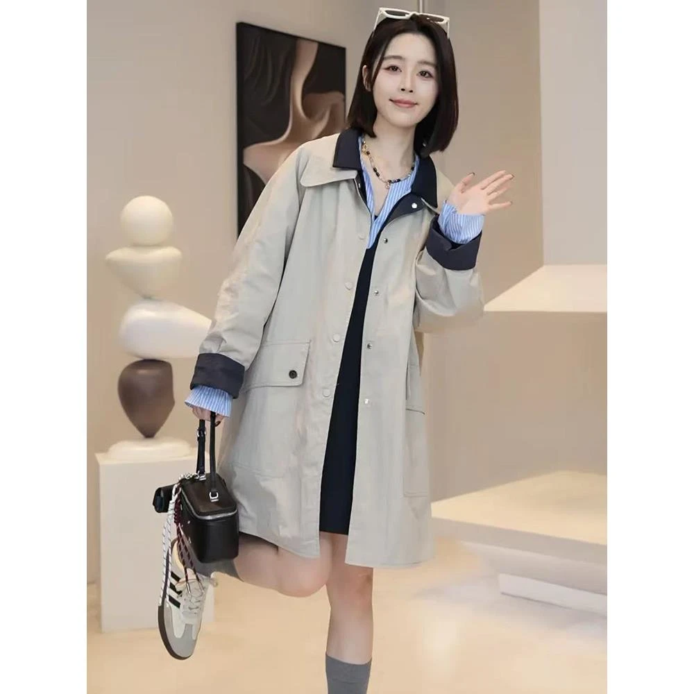 韩版设计感两面穿风衣外套女秋季新宽松显瘦小个子中长款上衣