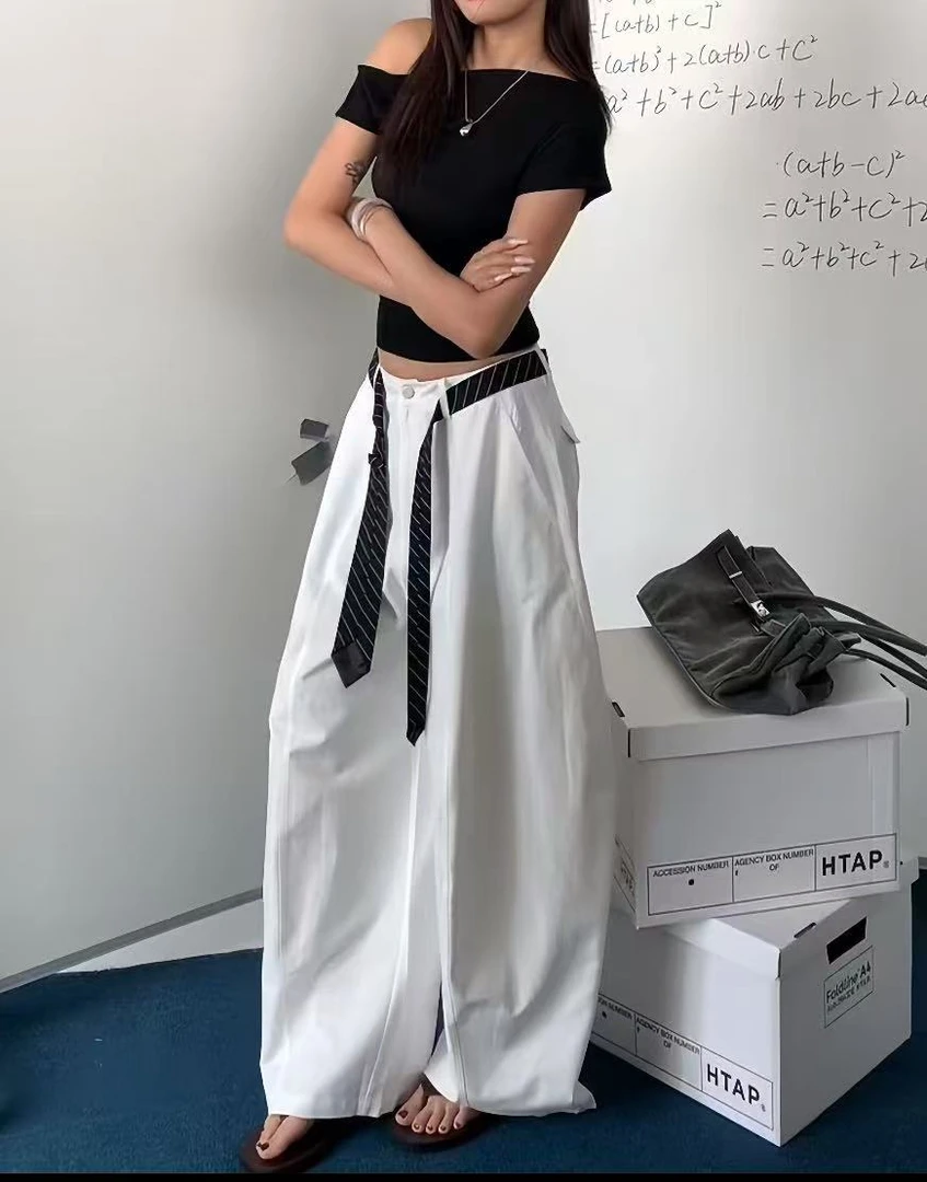 欧货高级感送腰带今年流行爆款高腰宽松直筒拖地阔腿休闲裤女