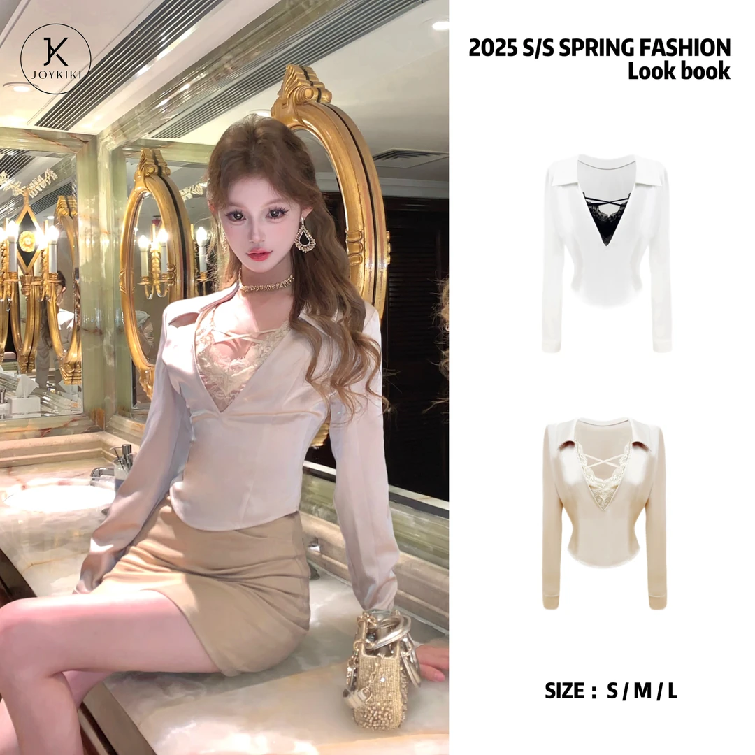 JOY KIKI金金【流光晚宴】原创学院风假两件拼接蕾丝上衣J25A044