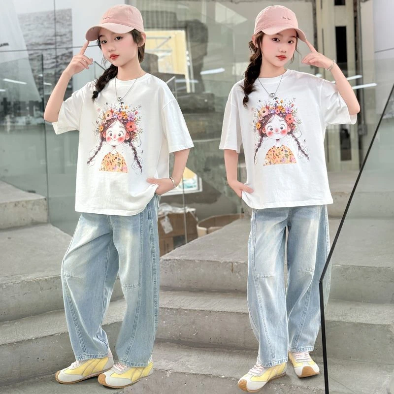 女童套装2025夏装新款洋气卡通短袖牛仔弯刀裤儿童女孩夏季两件套