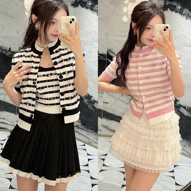 辰辰辰小店黑白条纹粉色条纹针织开衫吊带